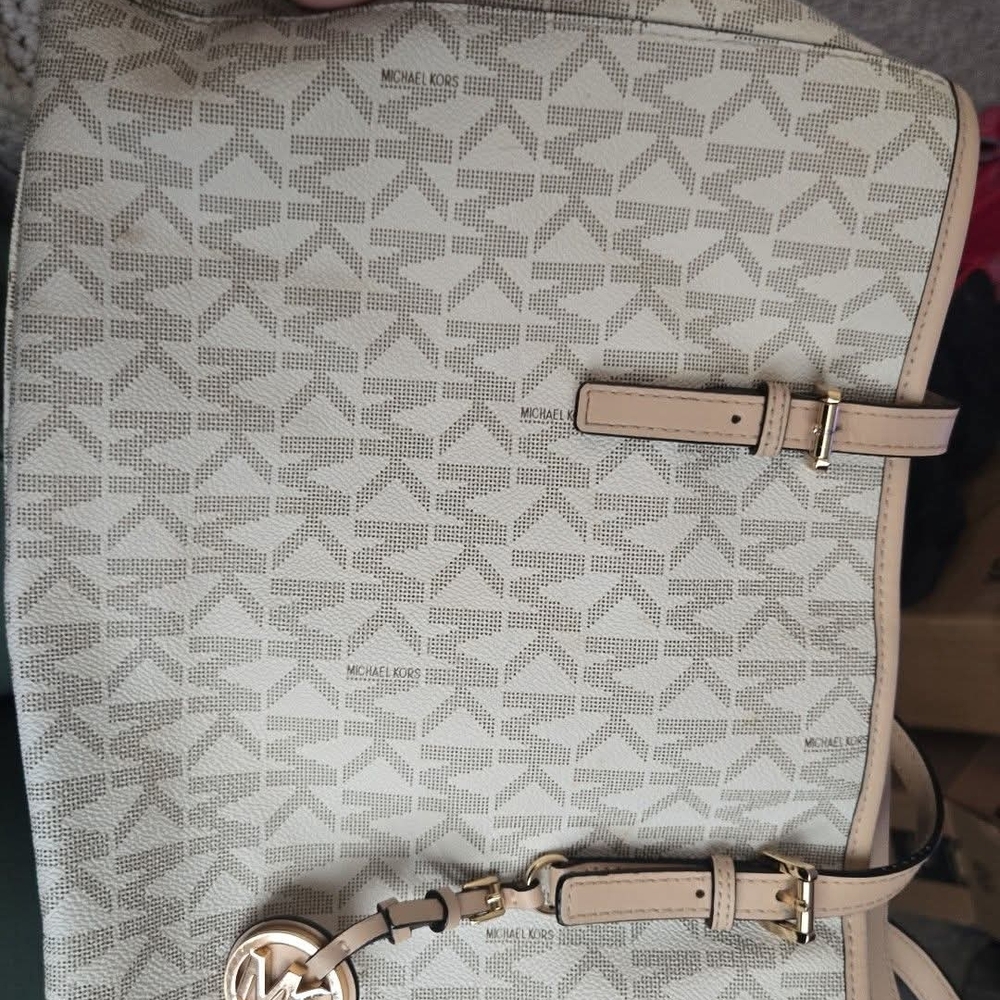 Michael Kors Cream and Beige Logo Tote with Gold Hardware